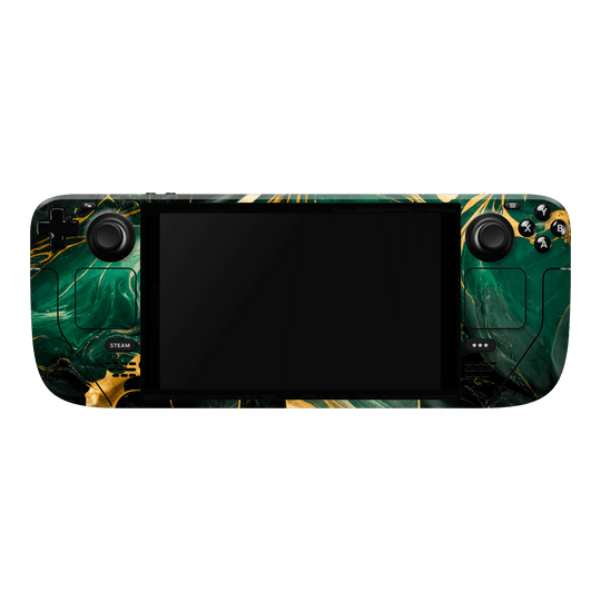 Steam Deck OLED Print Printed Custom SIGNATURE Agate Geode Royal Green Gold Skin Wrap Sticker Decal Cover Protector by EasySkinz | EasySkinz.com