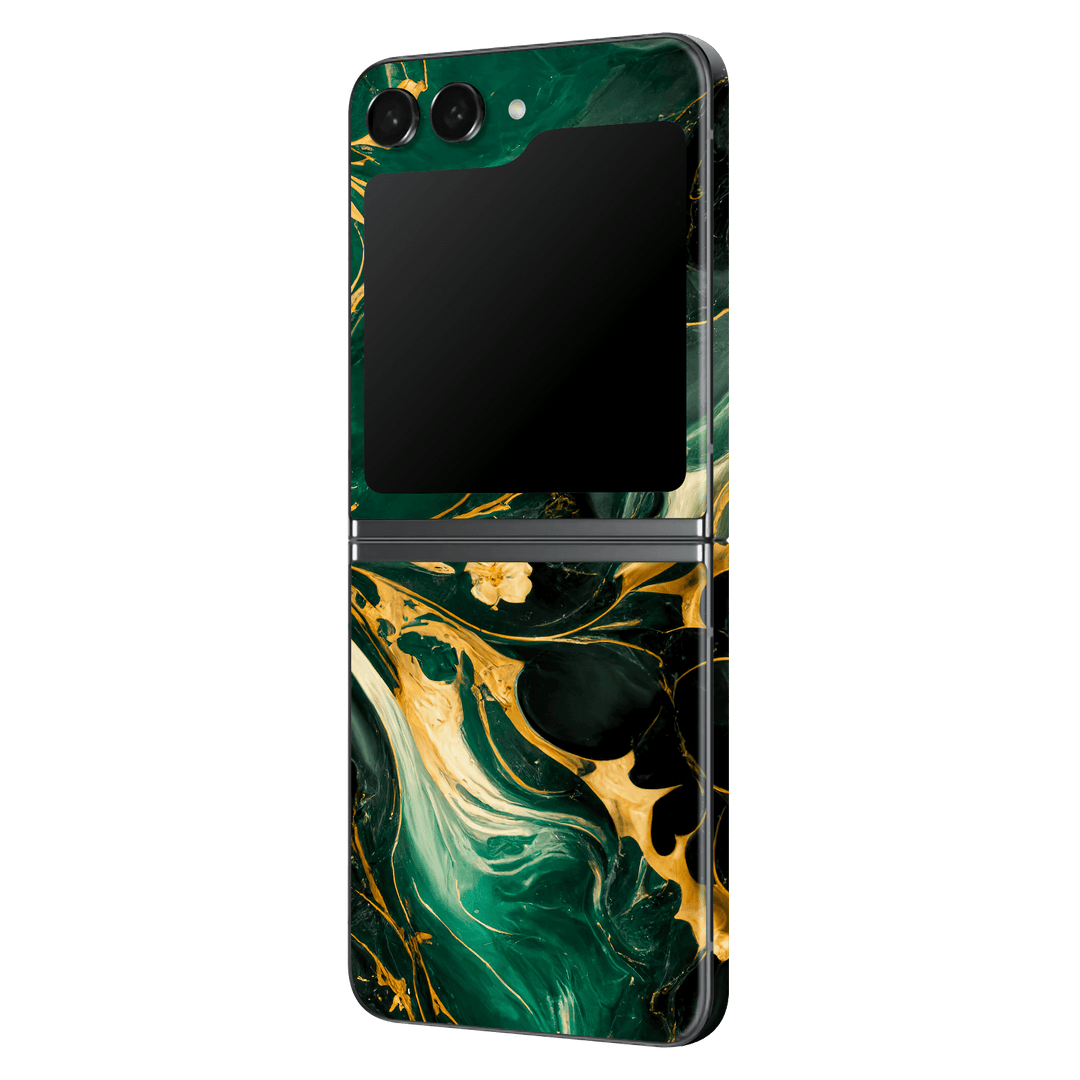 Samsung Galaxy Z Flip 5 (2023) Print Printed Custom SIGNATURE Agate Geode Royal Green Gold Skin Wrap Sticker Decal Cover Protector by EasySkinz | EasySkinz.com