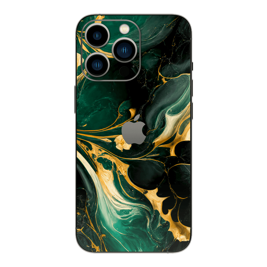 iPhone 15 Pro MAX Print Printed Custom SIGNATURE Agate Geode Royal Green Gold Skin Wrap Sticker Decal Cover Protector by EasySkinz | EasySkinz.com