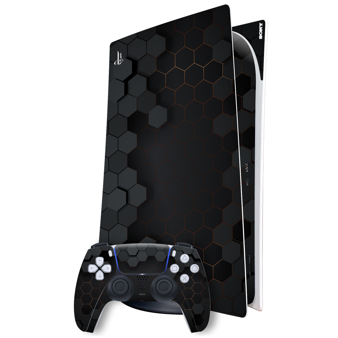 Playstation 5 (PS5) DIGITAL EDITION SIGNATURE Black-Gold Hexagon Skin, Wrap, Decal, Protector, Cover by EasySkinz | EasySkinz.com