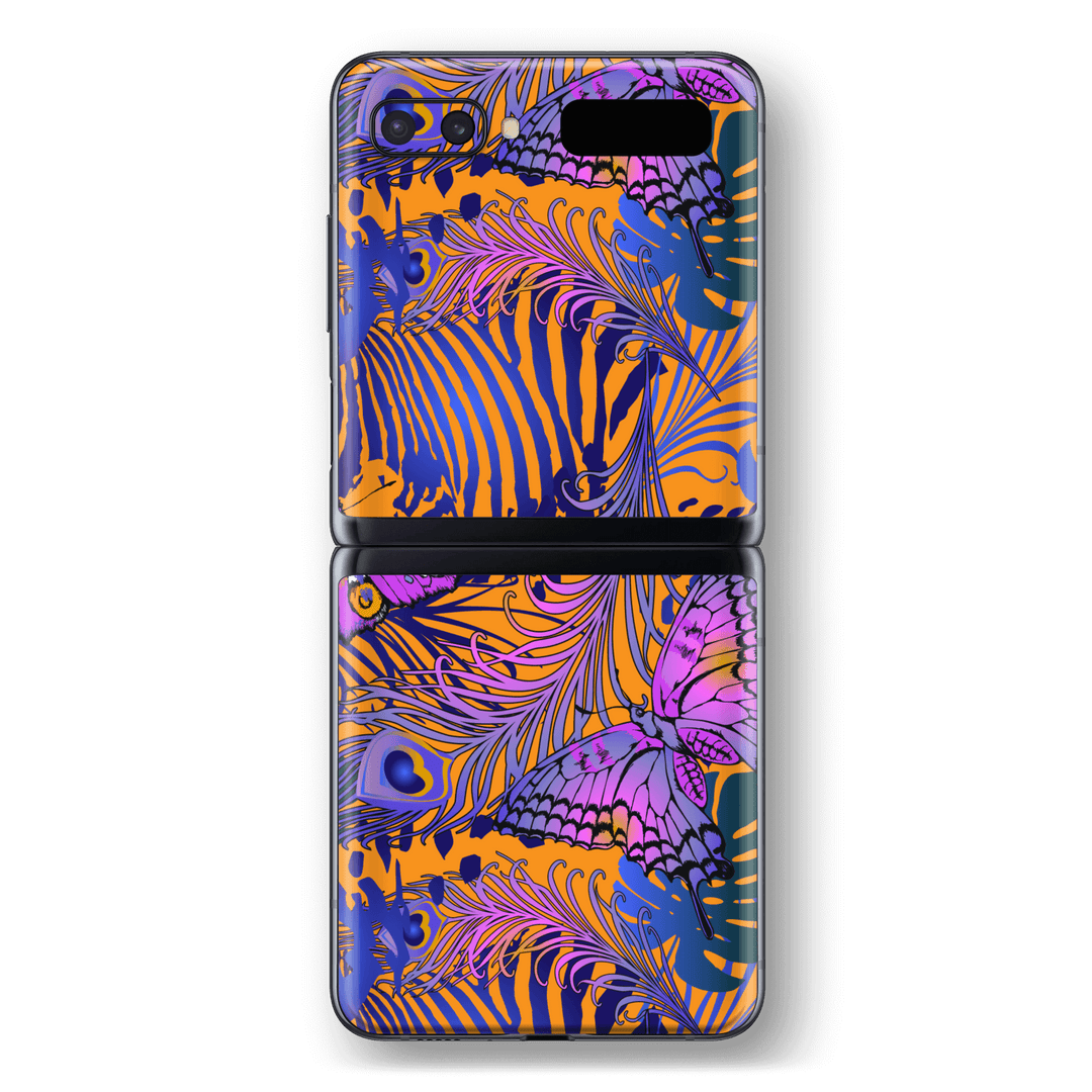 Samsung Galaxy Z Flip 5G Print Printed Custom SIGNATURE Peacock Feathers and Butterflies Skin Wrap Sticker Decal Cover Protector by EasySkinz
