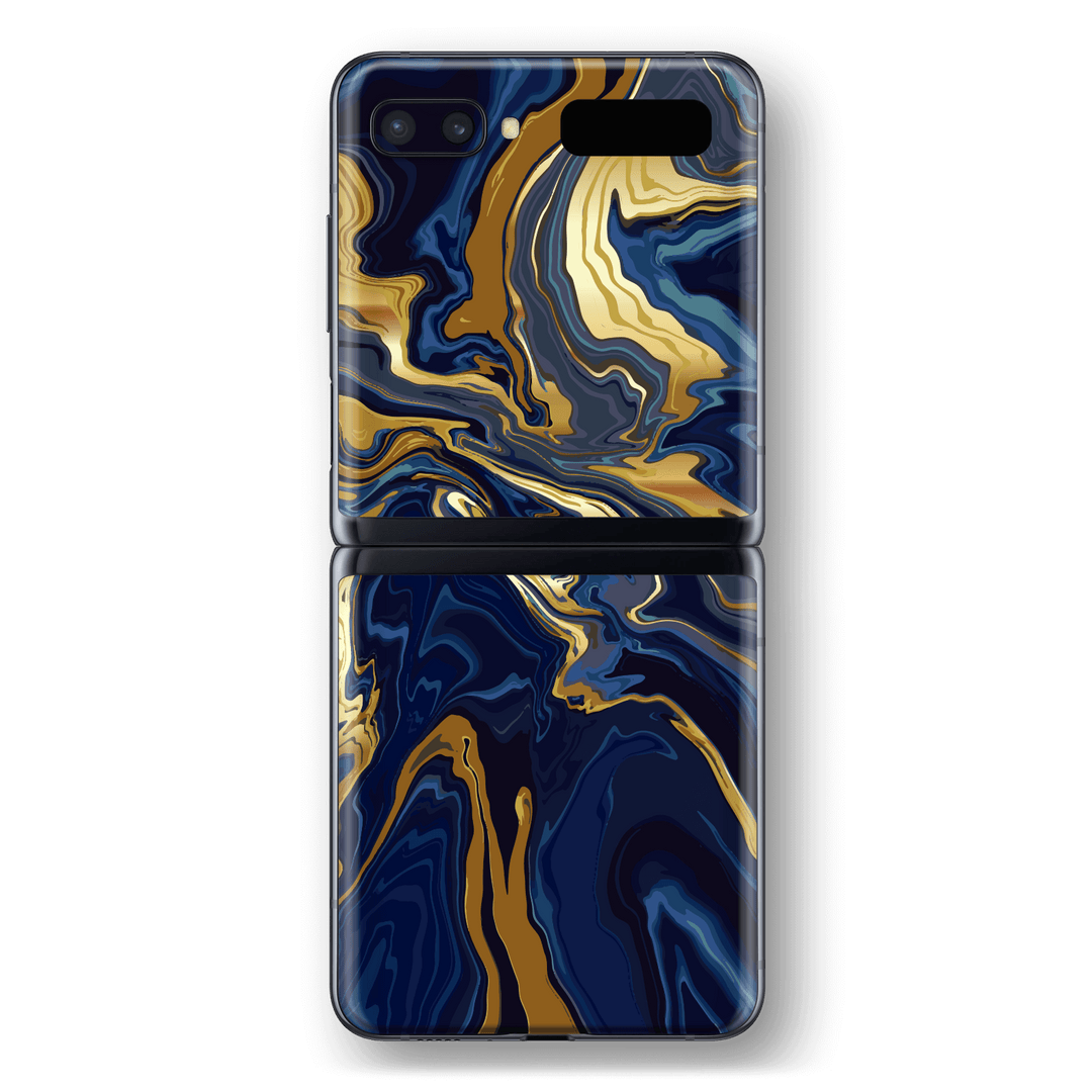 Samsung Galaxy Z Flip 5G Print Printed Custom SIGNATURE Ocean Blue & Gold Luxury Skin Wrap Sticker Decal Cover Protector by EasySkinz